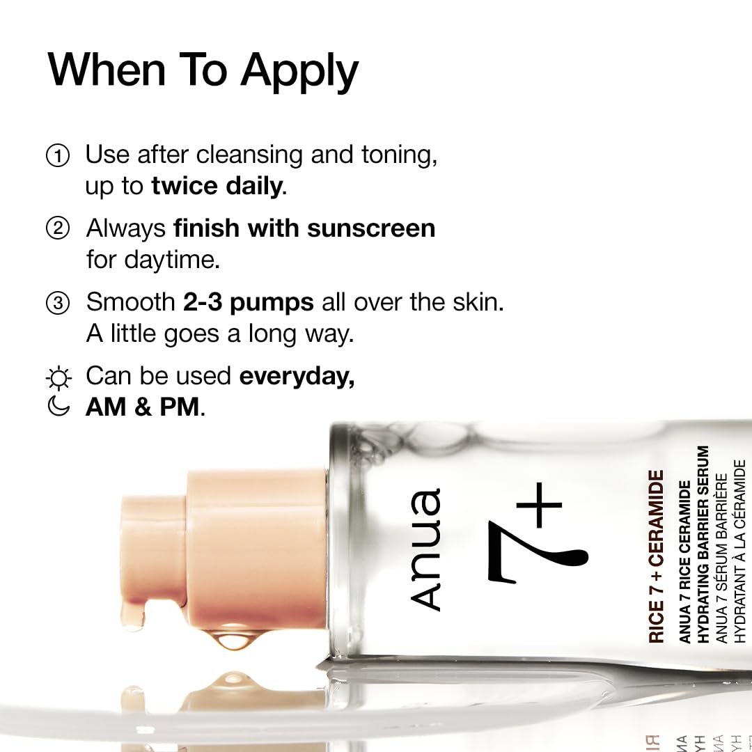 ANUA RICE CERAMIDE 7 HYDRATING BARRIER SERUM, Brightening, Hydrating Serum for Face, Rice, Hyaluronic Acid, Niacinamide, Fragrance-free, Non comodogenic, Glass Skin, Korean Skin Care, 50ml/1.69fl.oz. - Image 6